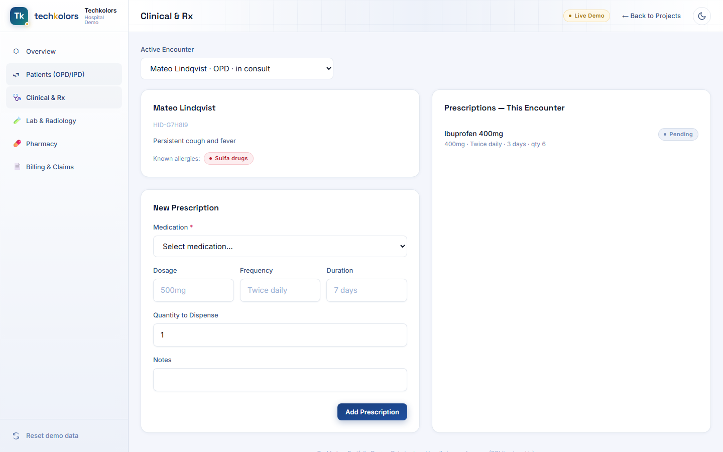 Clinical encounter view with allergy alert on a new prescription