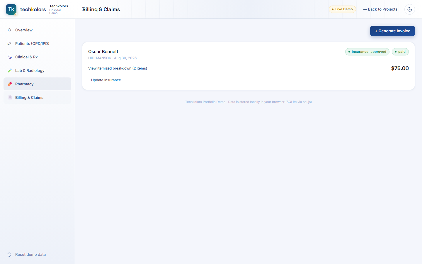 Billing view with auto-itemized invoice, insurance status, and payment tracking