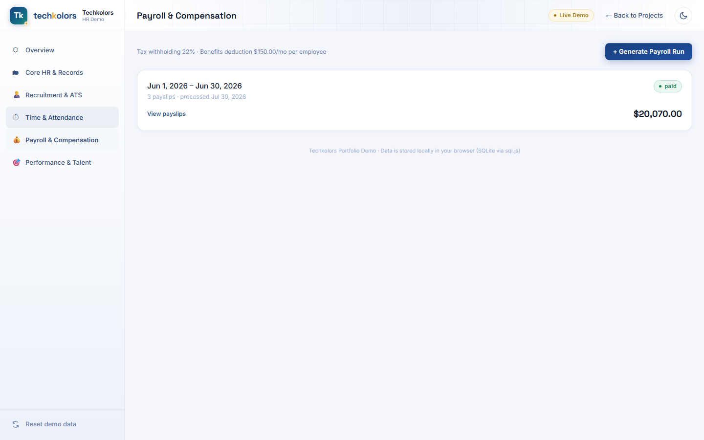 Payroll run with itemized payslips showing gross pay, tax, benefits, and net pay