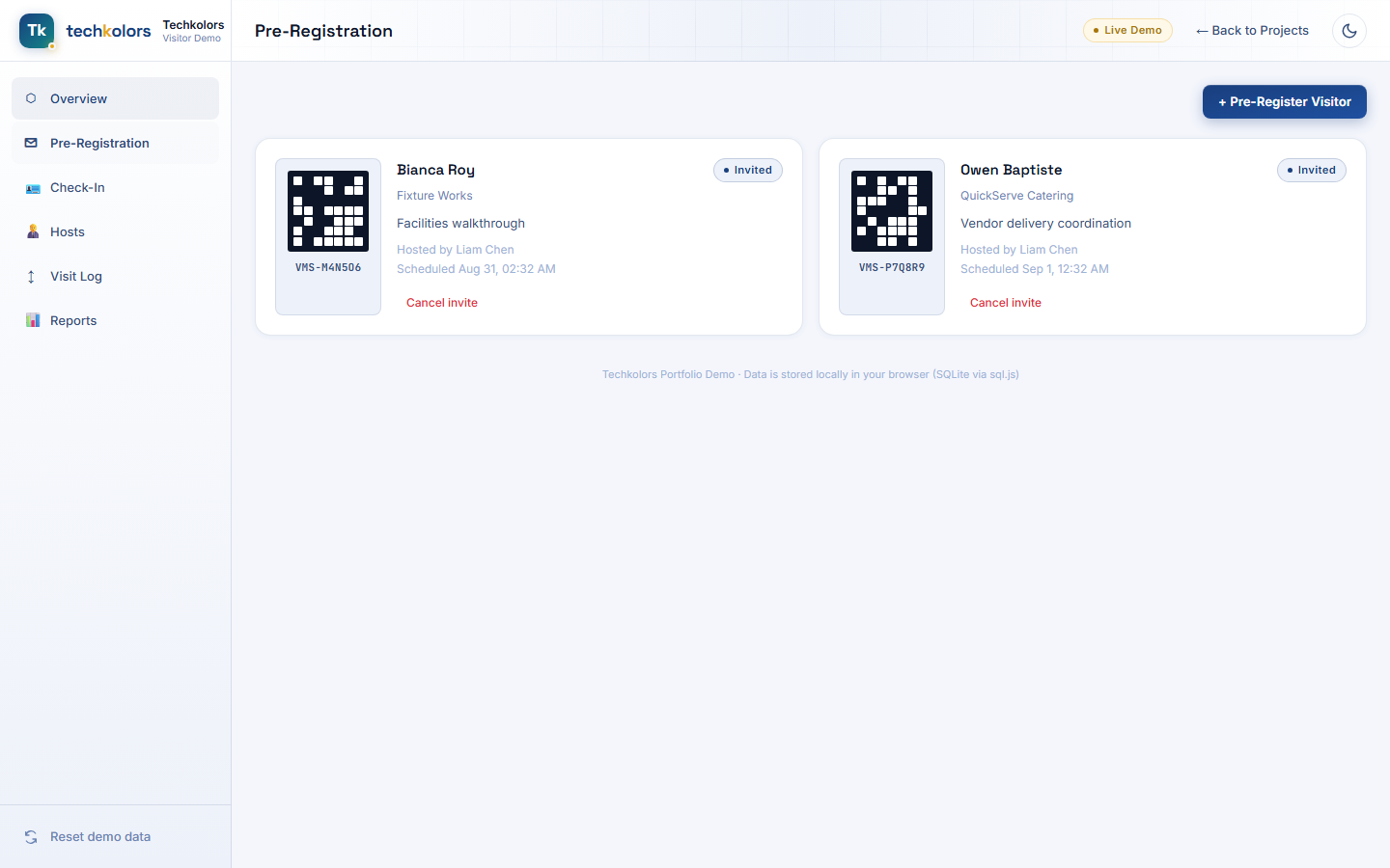 Pre-registration cards showing visitor details and generated QR passes