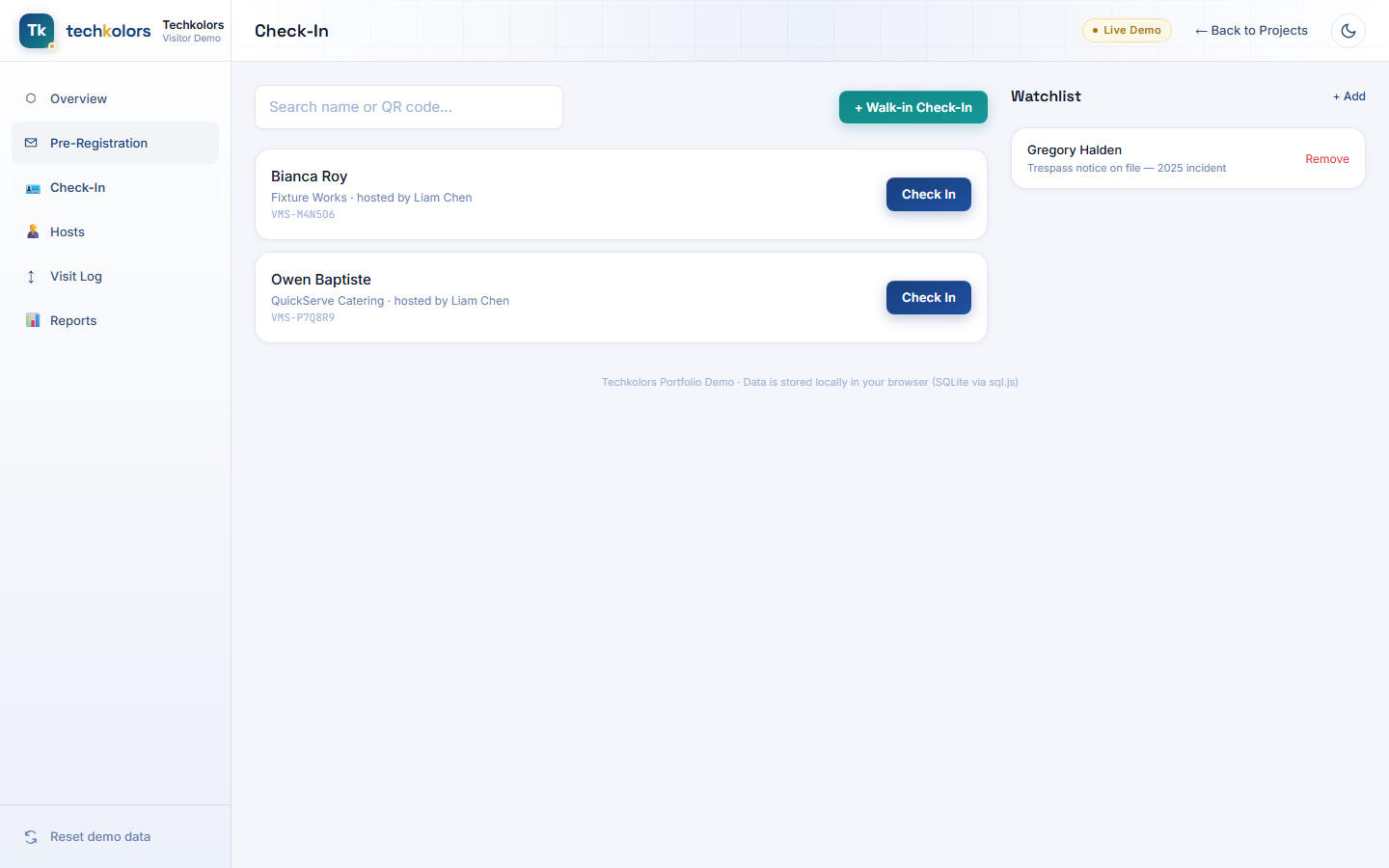 Check-in desk showing pending pre-registered arrivals and a watchlist panel