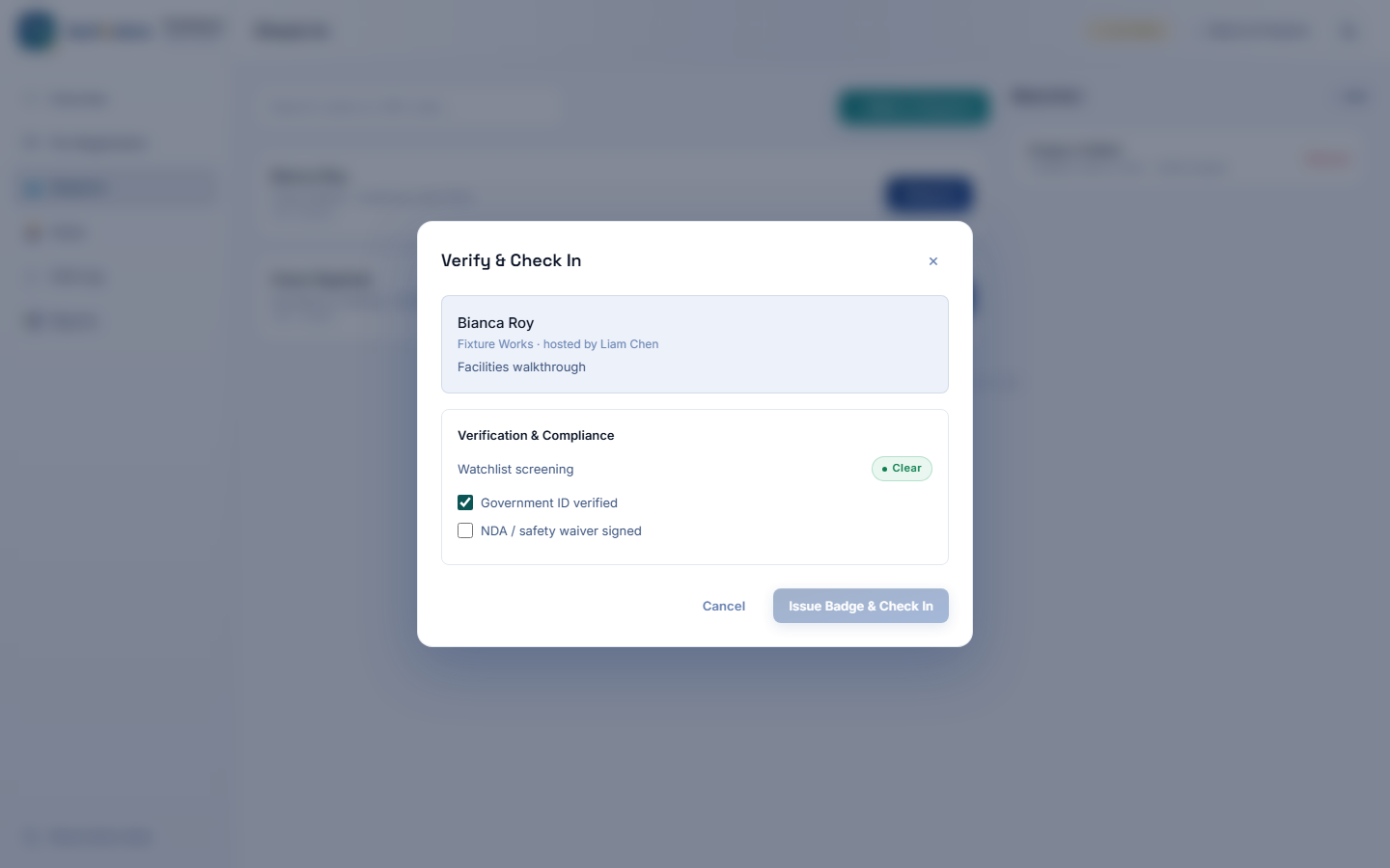 Verification panel showing watchlist screening status and compliance checklist